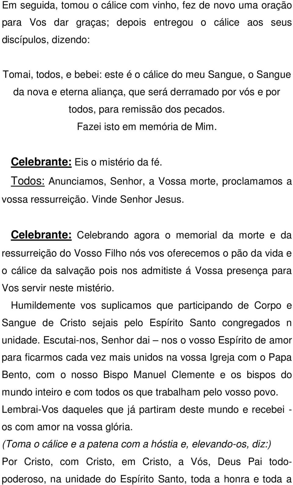 Todos: Anunciamos, Senhor, a Vossa morte, proclamamos a vossa ressurreição. Vinde Senhor Jesus.