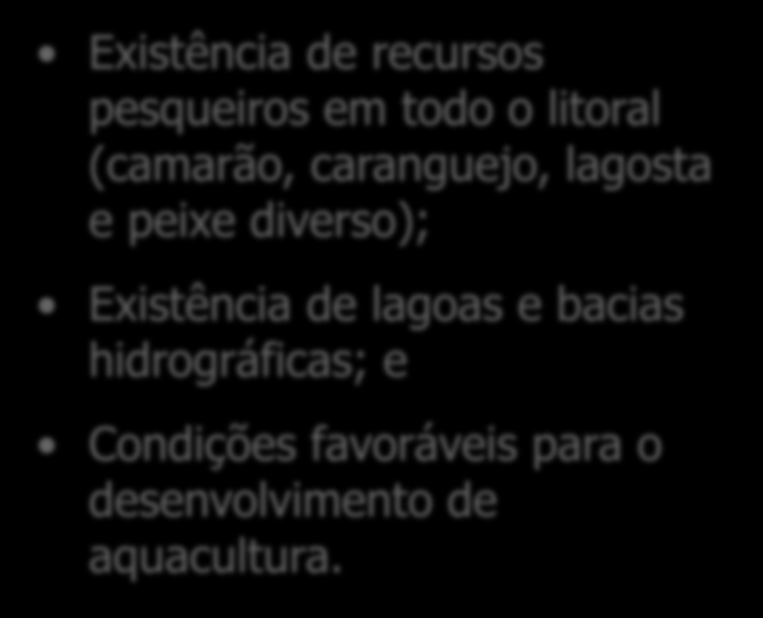 lagosta e peixe diverso); Existência de lagoas e bacias