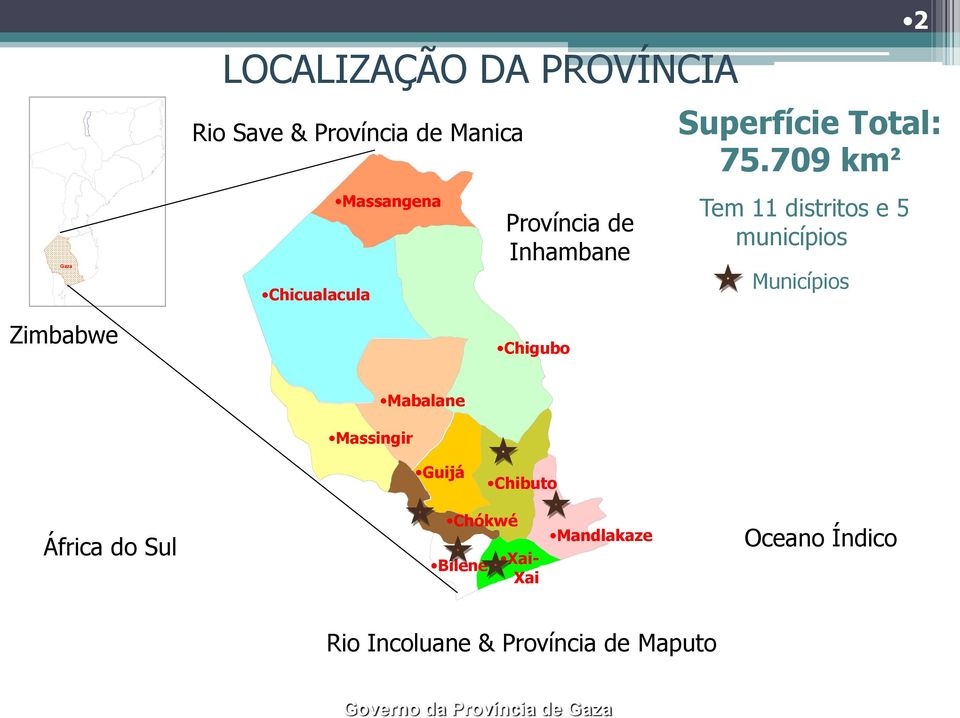 709 km² Tem 11 distritos e 5 municípios Municípios Massingir Mabalane Guijá