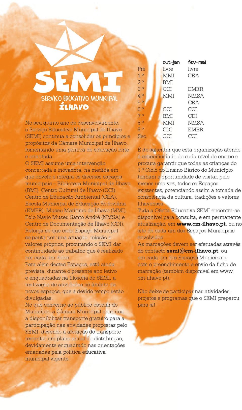 O SEMI assume uma intervenção concertada e inovadora, na medida em que envole e integra os diversos espaços municipais Biblioteca Municipal de Ílhavo (BMI), Centro Cultural de Ílhavo (CCI), Centro de