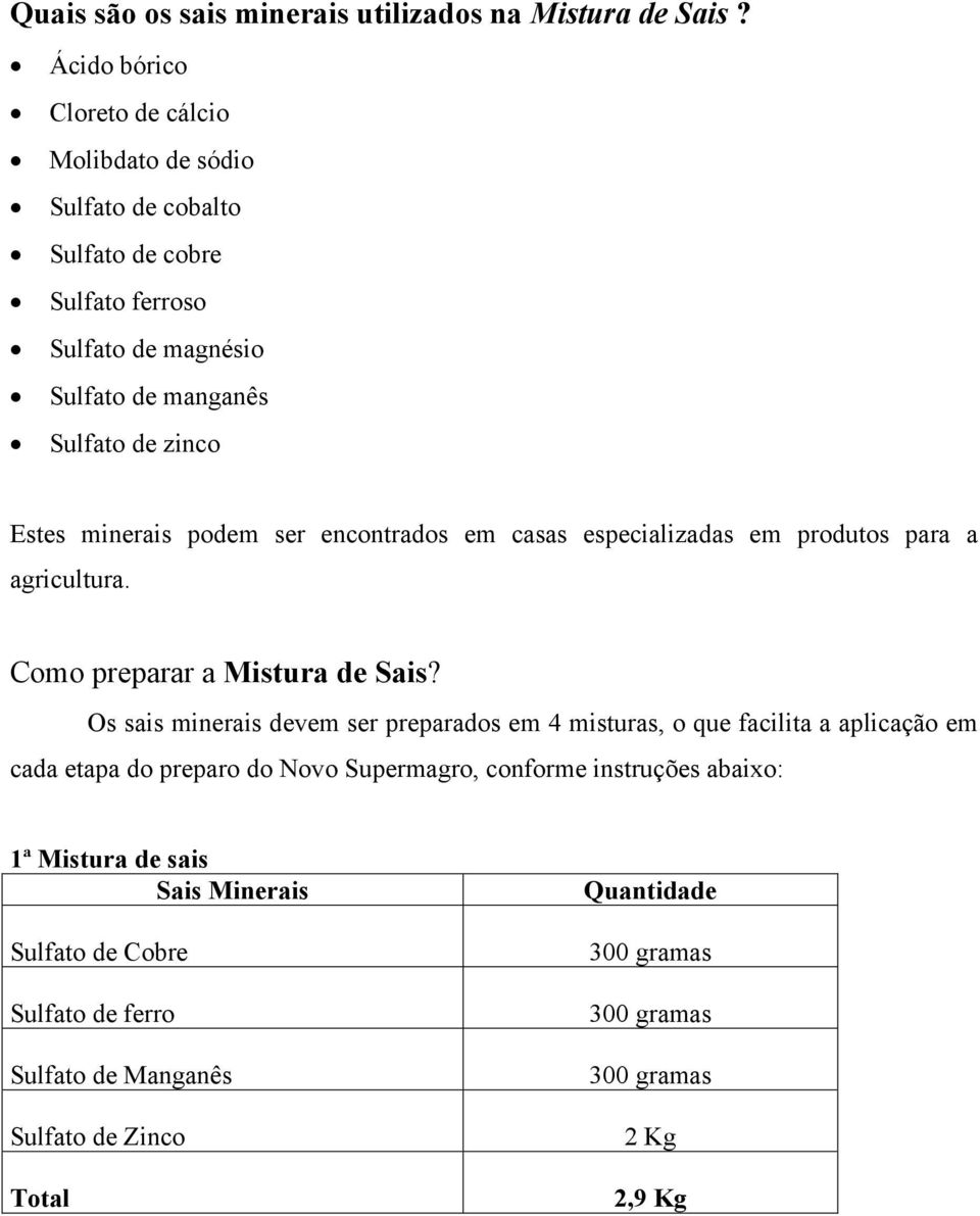 minerais podem ser encontrados em casas especializadas em produtos para a agricultura. Como preparar a Mistura de Sais?