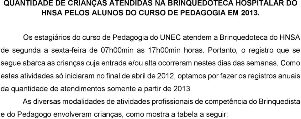 Portanto, o registro que se segue abarca as crianças cuja entrada e/ou alta ocorreram nestes dias das semanas.