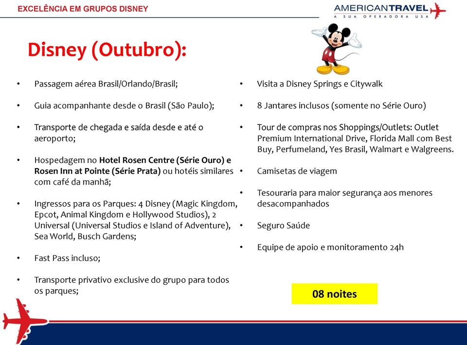 para os Parques: 4 Disney (Magic Kingdom, Epcot, Animal Kingdom e Hollywood Studios), 2 Universal (Universal Studios e Island of Adventure), Sea World, Busch Gardens; Fast Pass incluso; Tour de