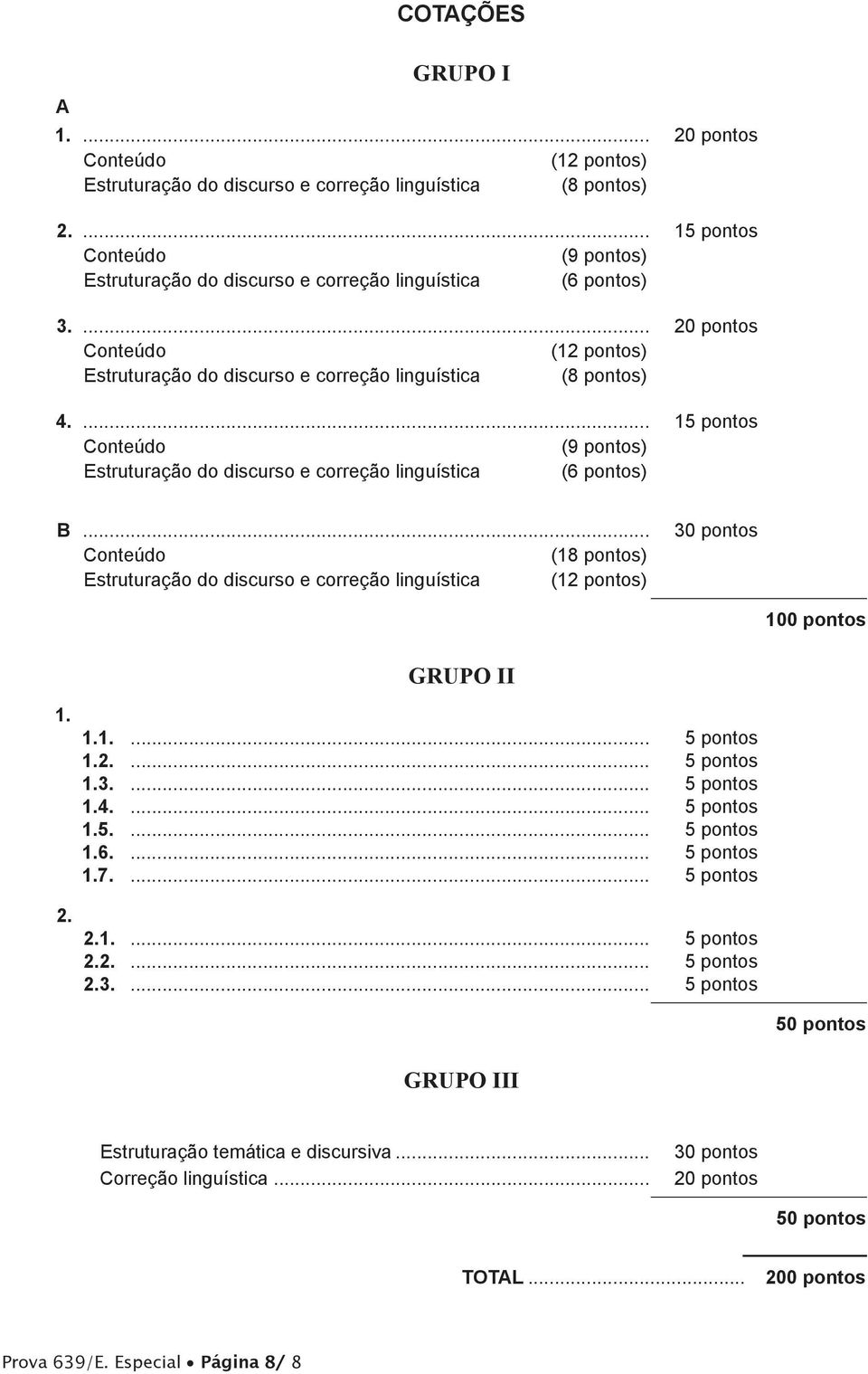 .. (18 pontos) Estruturação do discurso e correção linguística (12 pontos) 30 pontos 100 pontos 1. 2. GRUPO II 1.1.... 5 pontos 1.2.... 5 pontos 1.3.... 5 pontos 1.4.... 5 pontos 1.5.... 5 pontos 1.6.