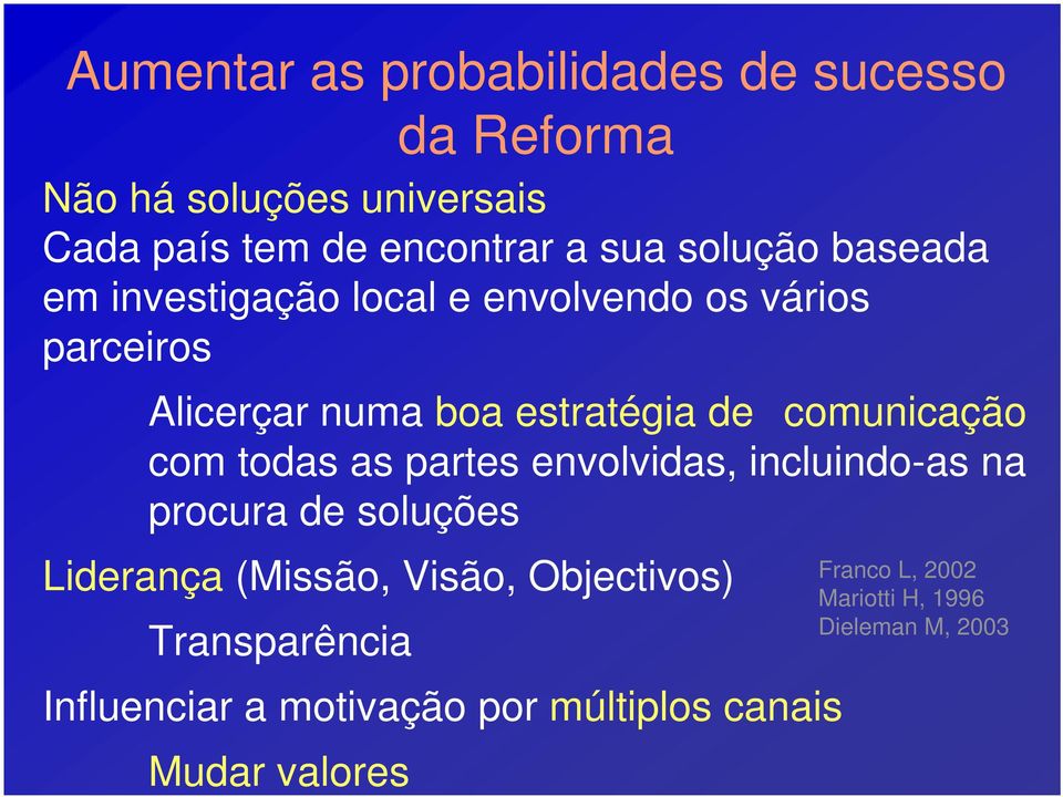 estratégia de comunicação com todas as partes envolvidas, incluindo-as na procura de soluções Liderança (Missão,