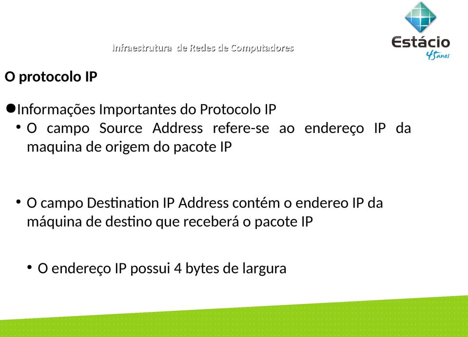 pacote IP O campo Destination IP Address contém o endereo IP da