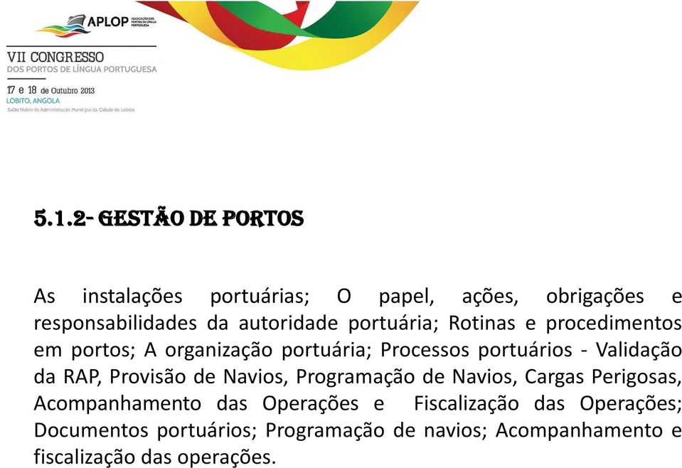 Validação da RAP, Provisão de Navios, Programação de Navios, Cargas Perigosas, Acompanhamento das Operações