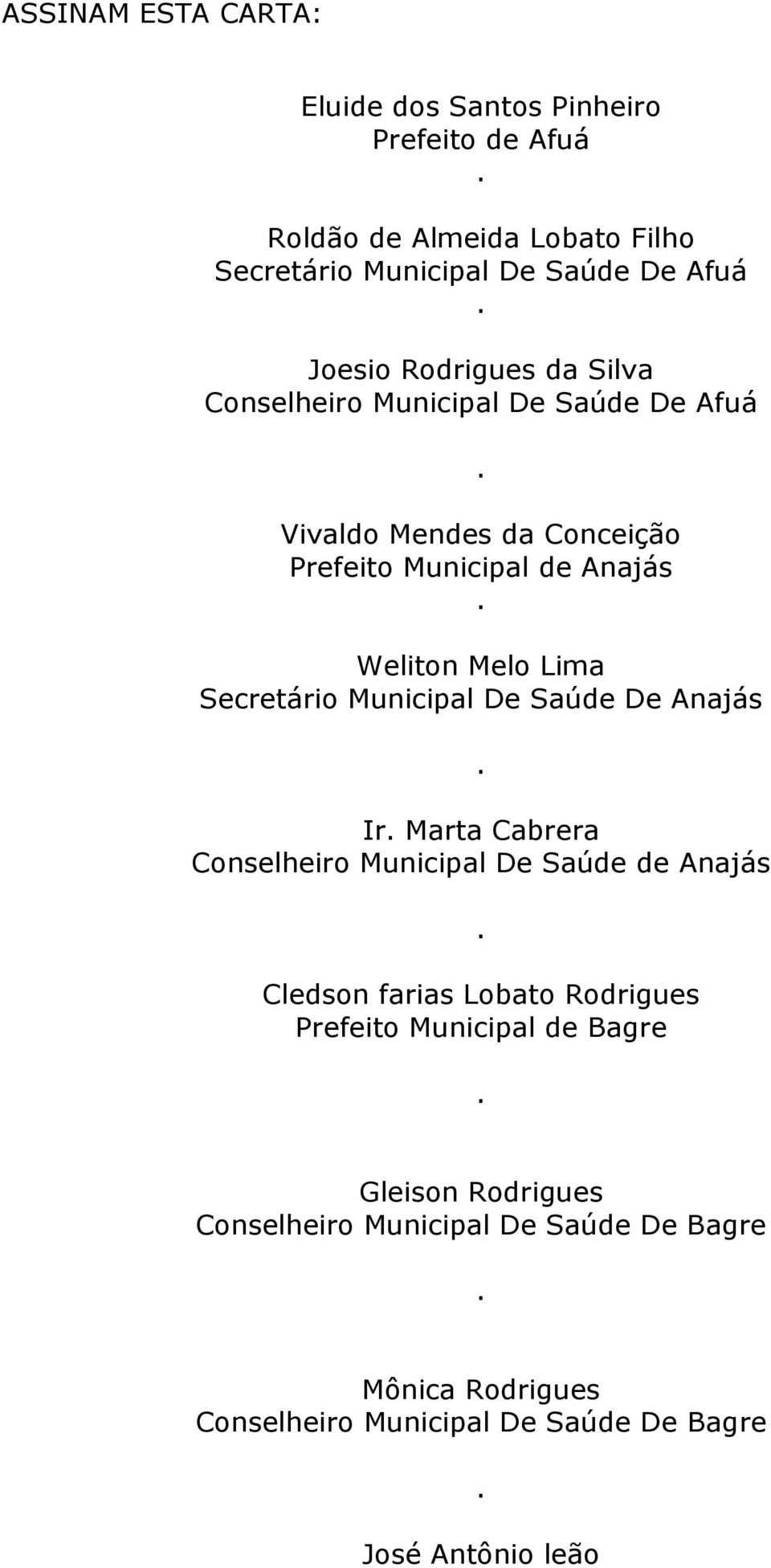Secretário Municipal De Saúde De Anajás Ir Marta Cabrera Conselheiro Municipal De Saúde de Anajás Cledson farias Lobato Rodrigues Prefeito
