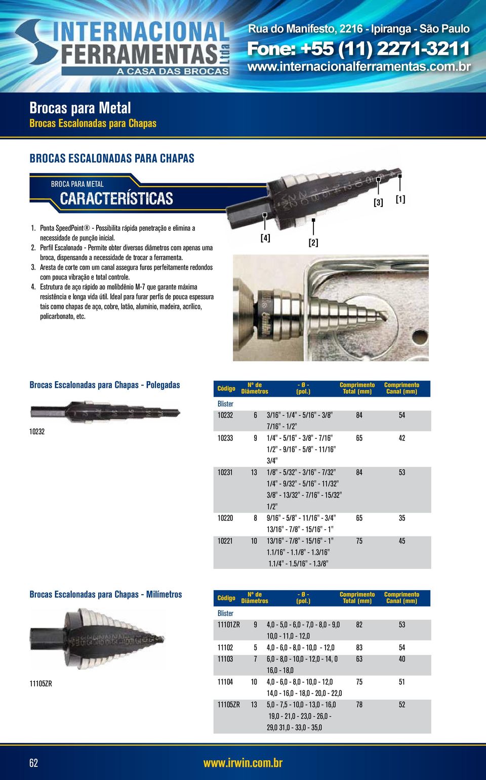 Aresta de corte com um canal assegura furos perfeitamente redondos com pouca vibração e total controle. 4. Estrutura de aço rápido ao molibdênio M-7 que garante máxima resistência e longa vida útil.