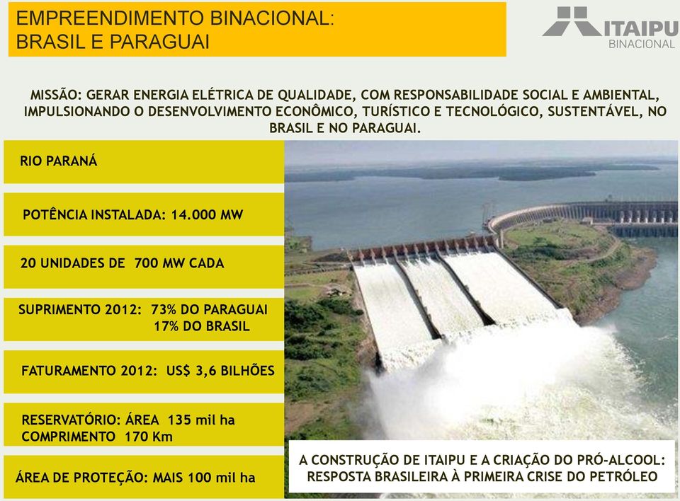 000 MW 20 UNIDADES DE 700 MW CADA SUPRIMENTO 2012: 73% DO PARAGUAI 17% DO BRASIL FATURAMENTO 2012: US$ 3,6 BILHÕES RESERVATÓRIO: ÁREA 135 mil