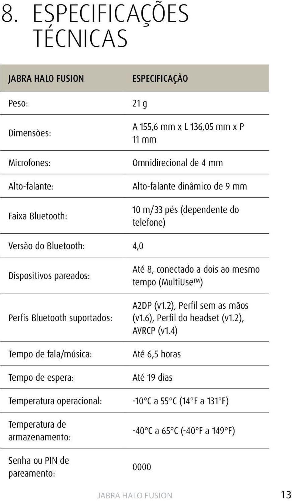 fala/música: Tempo de espera: Temperatura operacional: Temperatura de armazenamento: Senha ou PIN de pareamento: Até 8, conectado a dois ao mesmo tempo (MultiUse