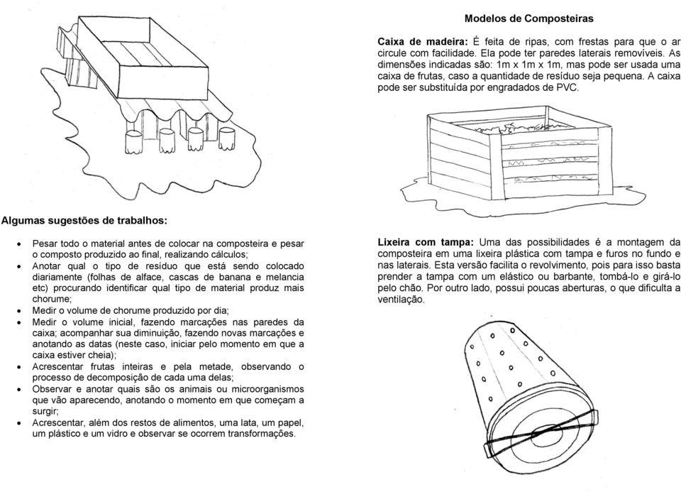 Algumas sugestões de trabalhos: Pesar todo o material antes de colocar na composteira e pesar o composto produzido ao final, realizando cálculos; Anotar qual o tipo de resíduo que está sendo colocado