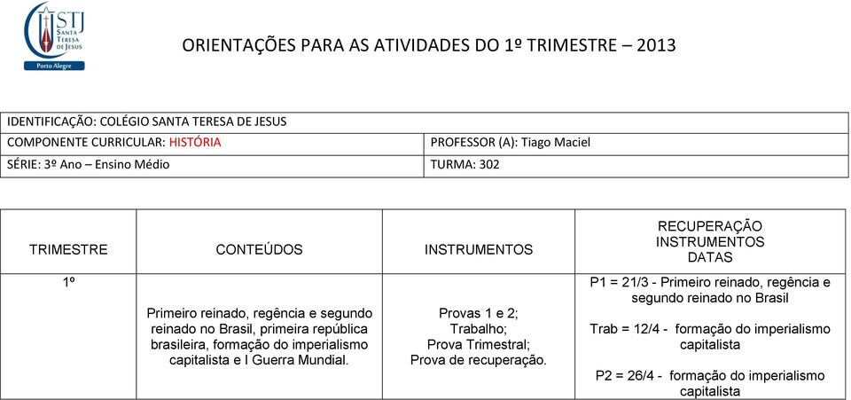 imperialismo capitalista e I Guerra Mundial. Provas 1 e 2; Trabalho; Prova Trimestral; Prova de recuperação.