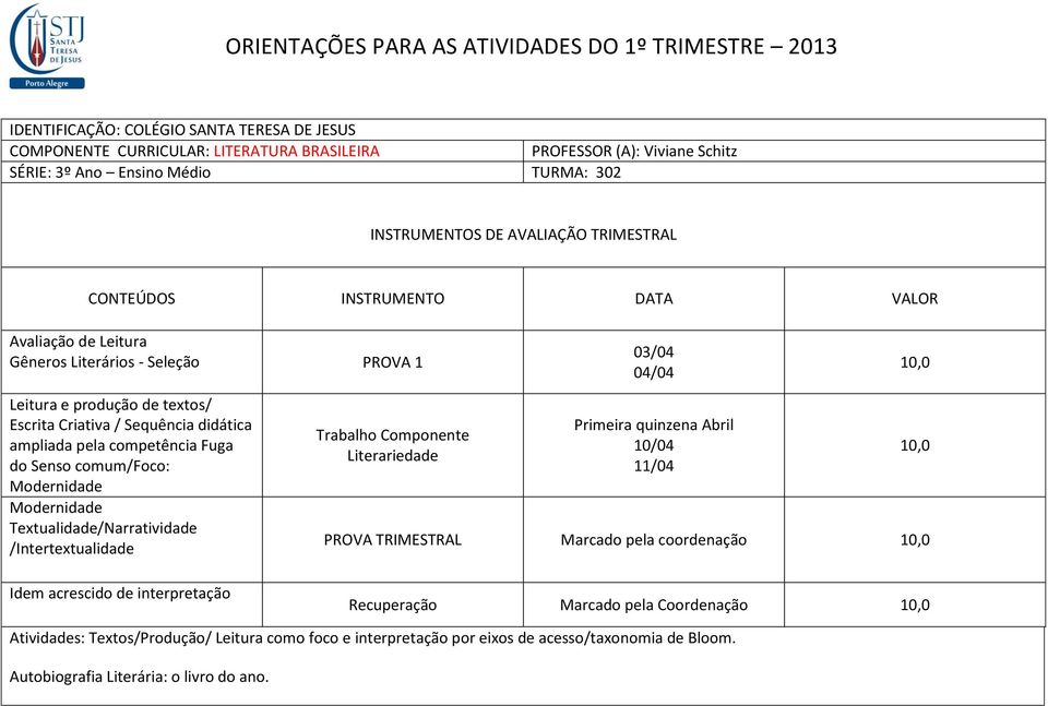 /Intertextualidade Trabalho Componente Literariedade 03/04 04/04 Primeira quinzena Abril 10/04 11/04 PROVA TRIMESTRAL Marcado pela coordenação Idem acrescido de interpretação