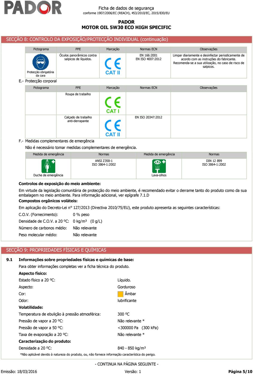 Protecção obrigatória da cara E.- Protecção corporal Pictograma PPE Marcação Normas ECN Observações Roupa de trabalho Calçado de trabalho anti-derrapante EN ISO 20347:2012 F.
