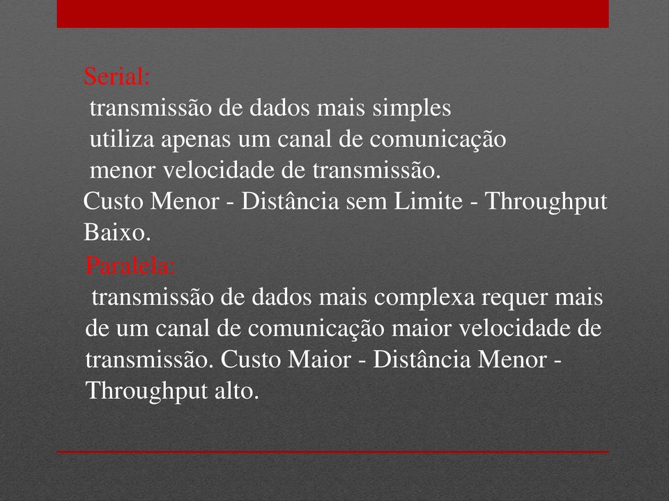 Custo Menor - Distância sem Limite - Throughput Baixo.