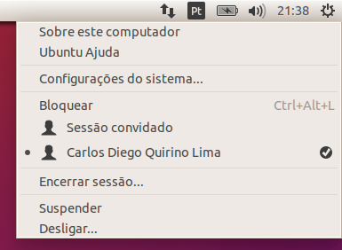 Menu de ações 1. No canto superior direito temos um menu de ações do Ubuntu 2.