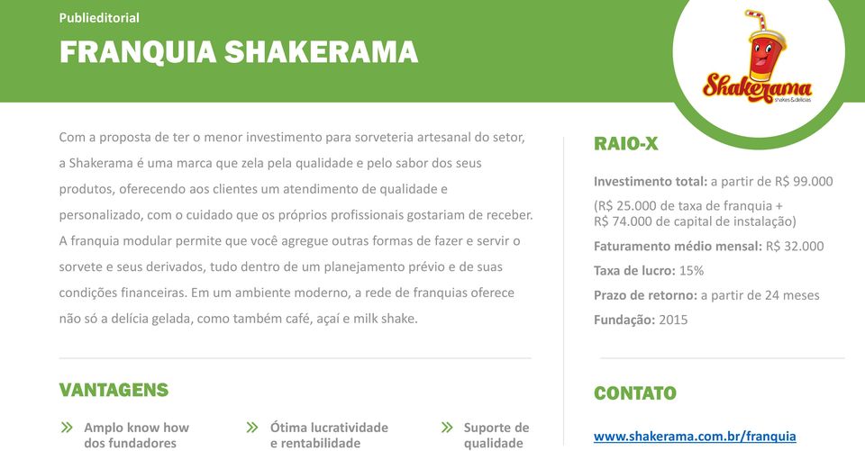 000 de taxa de franquia + R$ 74.000 de capital de instalação) A franquia modular permite que você agregue outras formas de fazer e servir o Faturamento médio mensal: R$ 32.