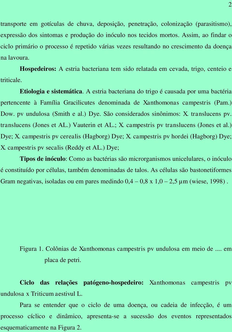 Hospedeiros: A estria bacteriana tem sido relatada em cevada, trigo, centeio e triticale. Etiologia e sistemática.