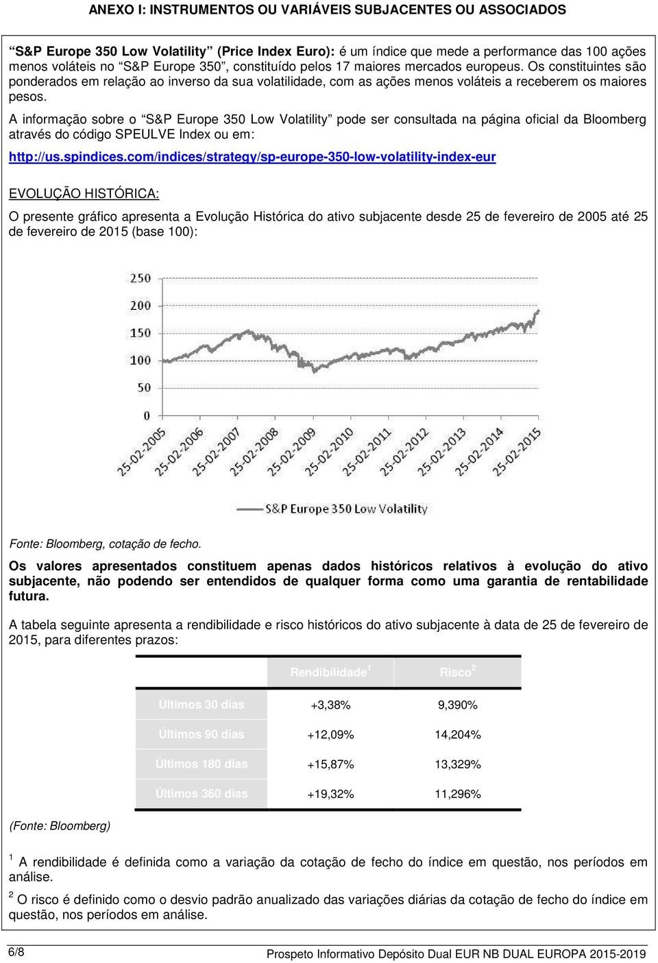 A informação sobre o S&P Europe 350 Low Volatility pode ser consultada na página oficial da Bloomberg através do código SPEULVE Index ou em: http://us.spindices.