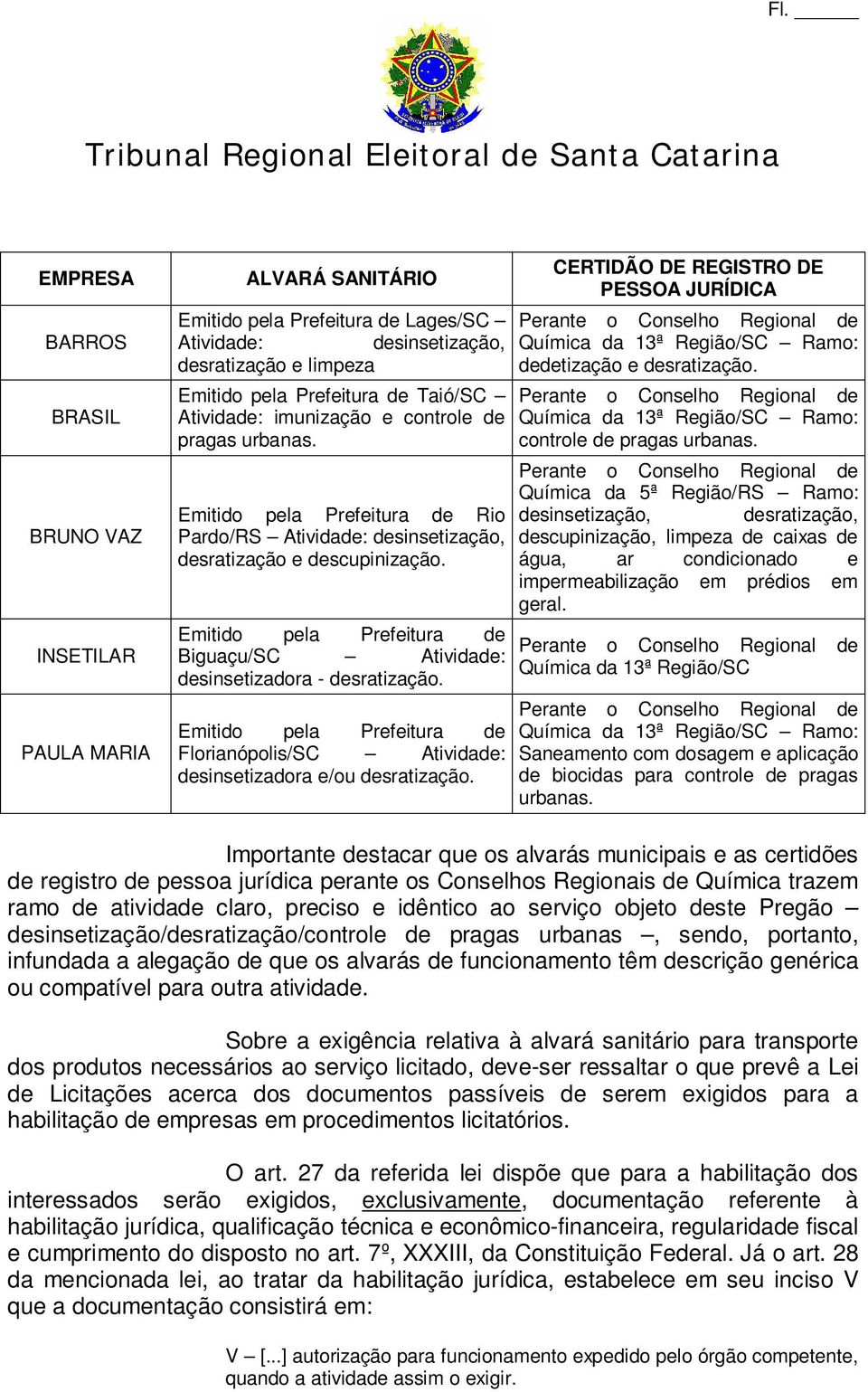 Emitido pela Prefeitura de Biguaçu/SC Atividade: desinsetizadora - desratização. Emitido pela Prefeitura de Florianópolis/SC Atividade: desinsetizadora e/ou desratização.