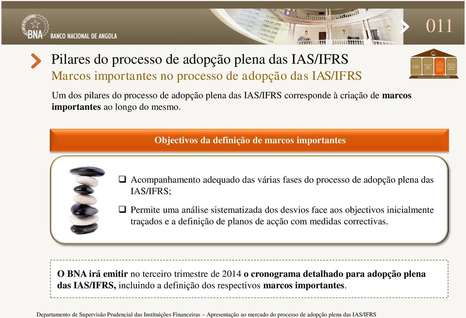 Objectivos da definição de marcos importantes Acompanhamento adequado das várias fases do processo de adopção plena das IAS/IFRS; Permite uma análise sistematizada