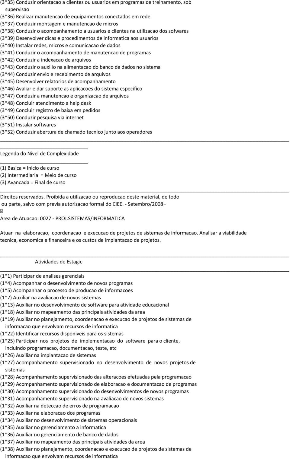 comunicacao de dados (3*41) Conduzir o acompanhamento de manutencao de programas (3*42) Conduzir a indexacao de arquivos (3*43) Conduzir o auxilio na alimentacao do banco de dados no sistema (3*44)