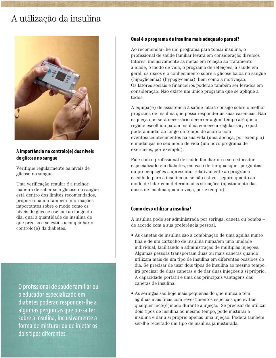 o programa de refeições, a saúde em geral, os riscos e o conhecimento sobre a glicose baixa no sangue (hipoglicemia) (hypoglycemia), bem como a motivação.