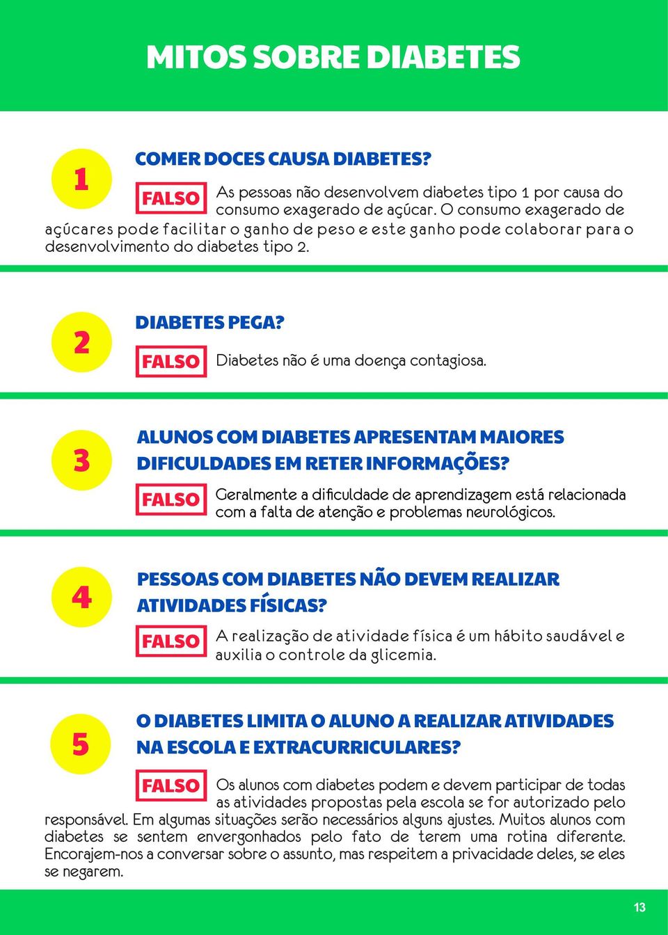 3 ALUNOS COM DIABETES APRESENTAM MAIORES DIFICULDADES EM RETER INFORMAÇÕES? FALSO Geralmente a dificuldade de aprendizagem está relacionada com a falta de atenção e problemas neurológicos.