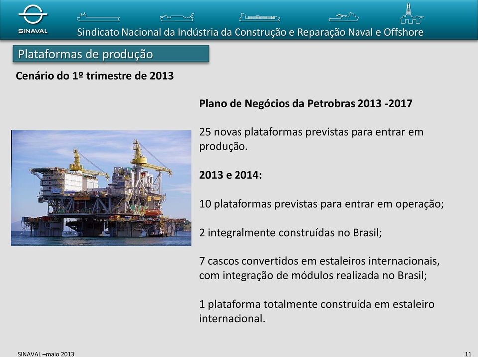 2013 e 2014: 10 plataformas previstas para entrar em operação; 2 integralmente construídas no