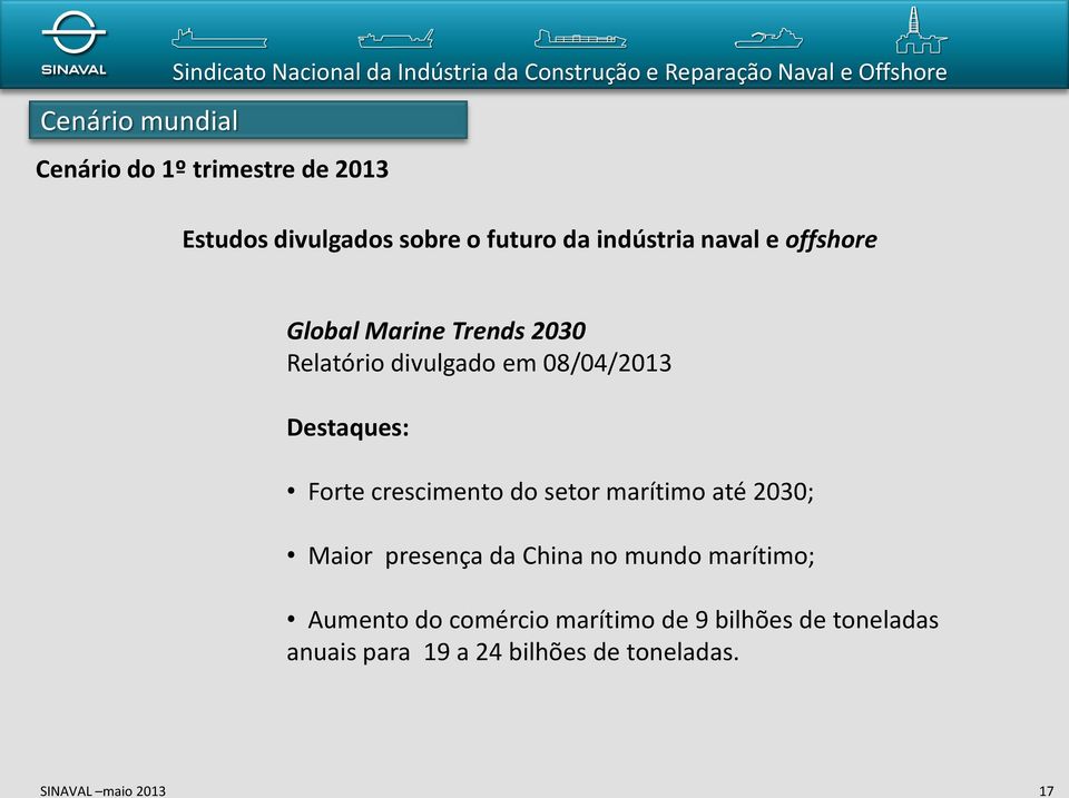 08/04/2013 Destaques: Forte crescimento do setor marítimo até 2030; Maior presença da China no mundo