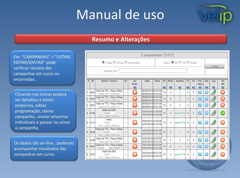 Clicando nos ícones poderá ver detalhes e emitir relatórios, editar programação, clonar