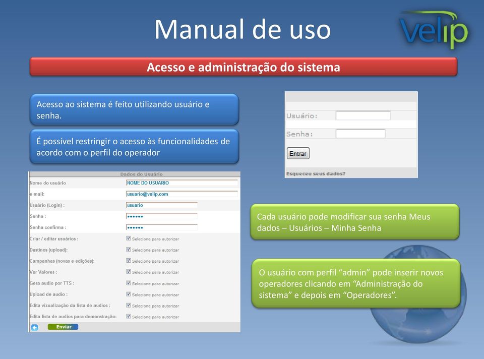 usuário pode modificar sua senha Meus dados Usuários Minha Senha O usuário com perfil