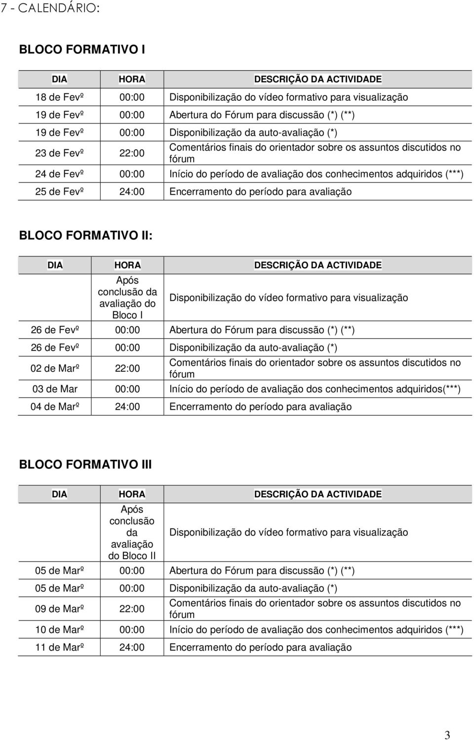 Abertura do Fórum para discussão (*) (**) 26 de Fevº 00:00 Disponibilização da auto-avaliação (*) 02 de Marº 22:00 03 de Mar 00:00 Início do período de avaliação dos conhecimentos adquiridos(***) 04