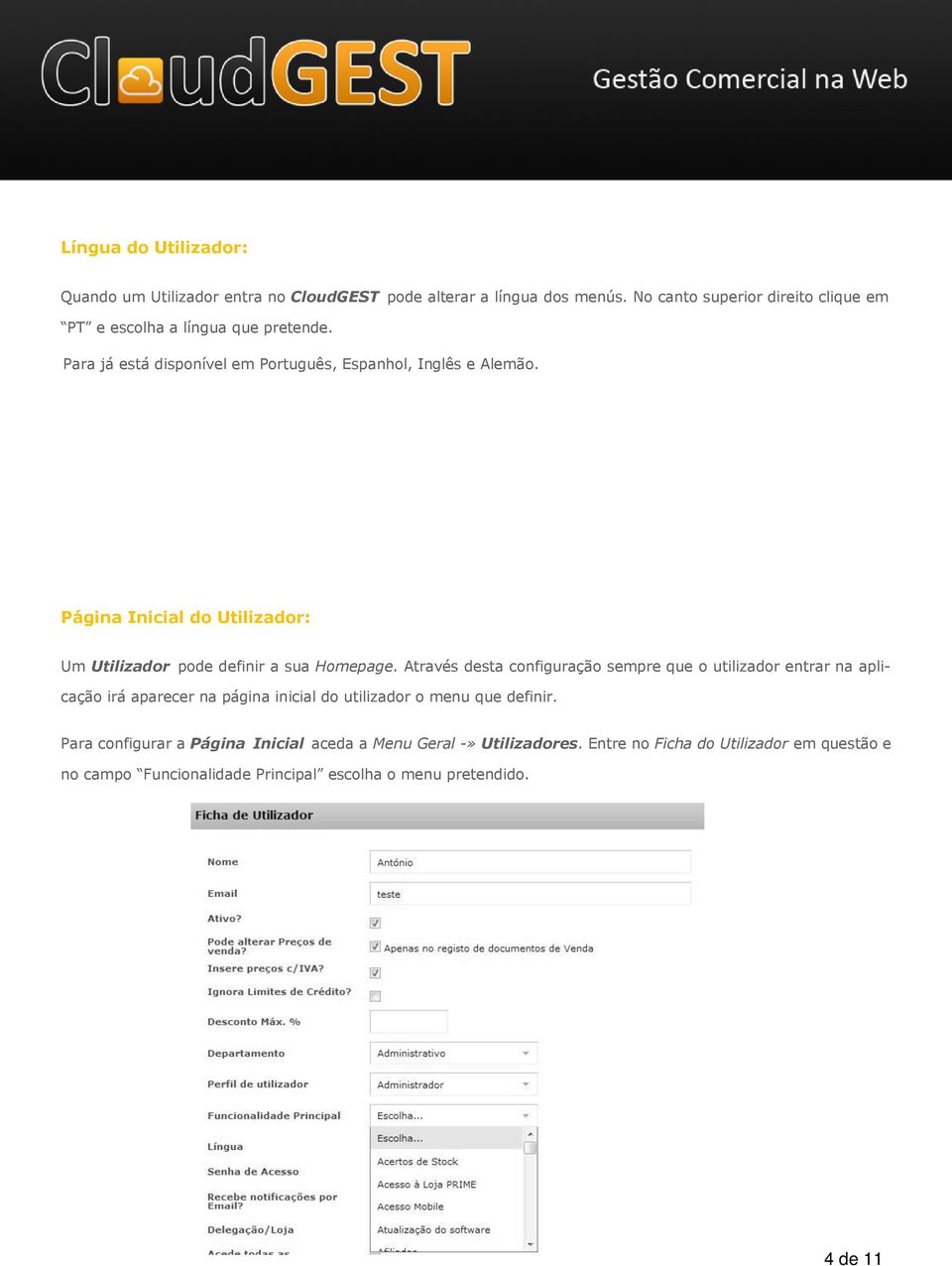 Página Inicial do Utilizador: Um Utilizador pode definir a sua Homepage.