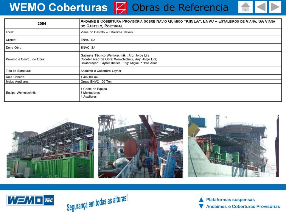 . de Obra: Tipo de Estrutura: Área Coberta: Meios Auxiliares: Equipa Wemotechnik: Viana do Castelo Estaleiros Navais ENVC, SA ENVC, SA Gabinete