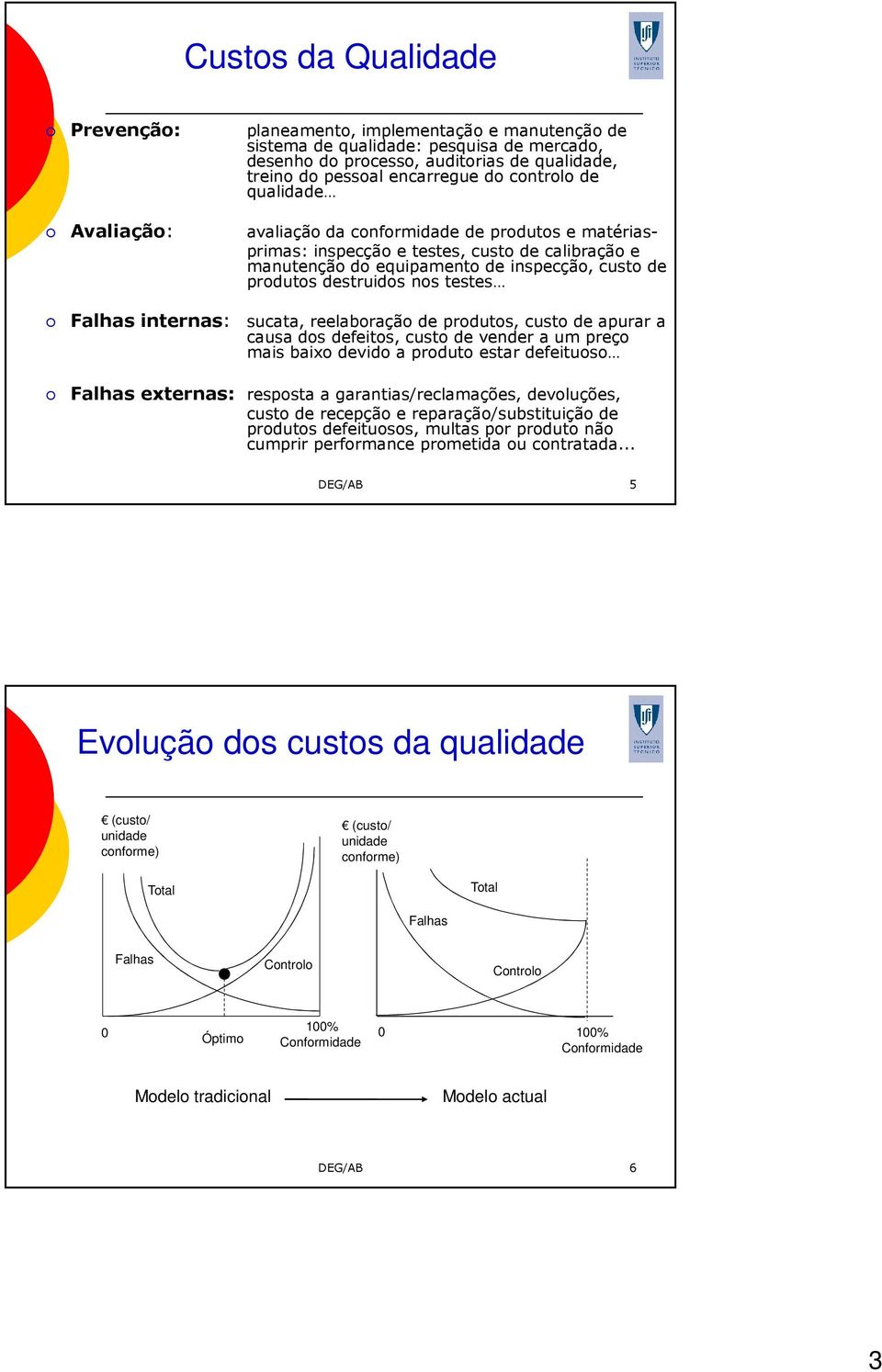 destruidos nos testes Falhas internas: sucata, reelaboração de produtos, custo de apurar a causa dos defeitos, custo de vender a um preço mais baixo devido a produto estar defeituoso Falhas externas: