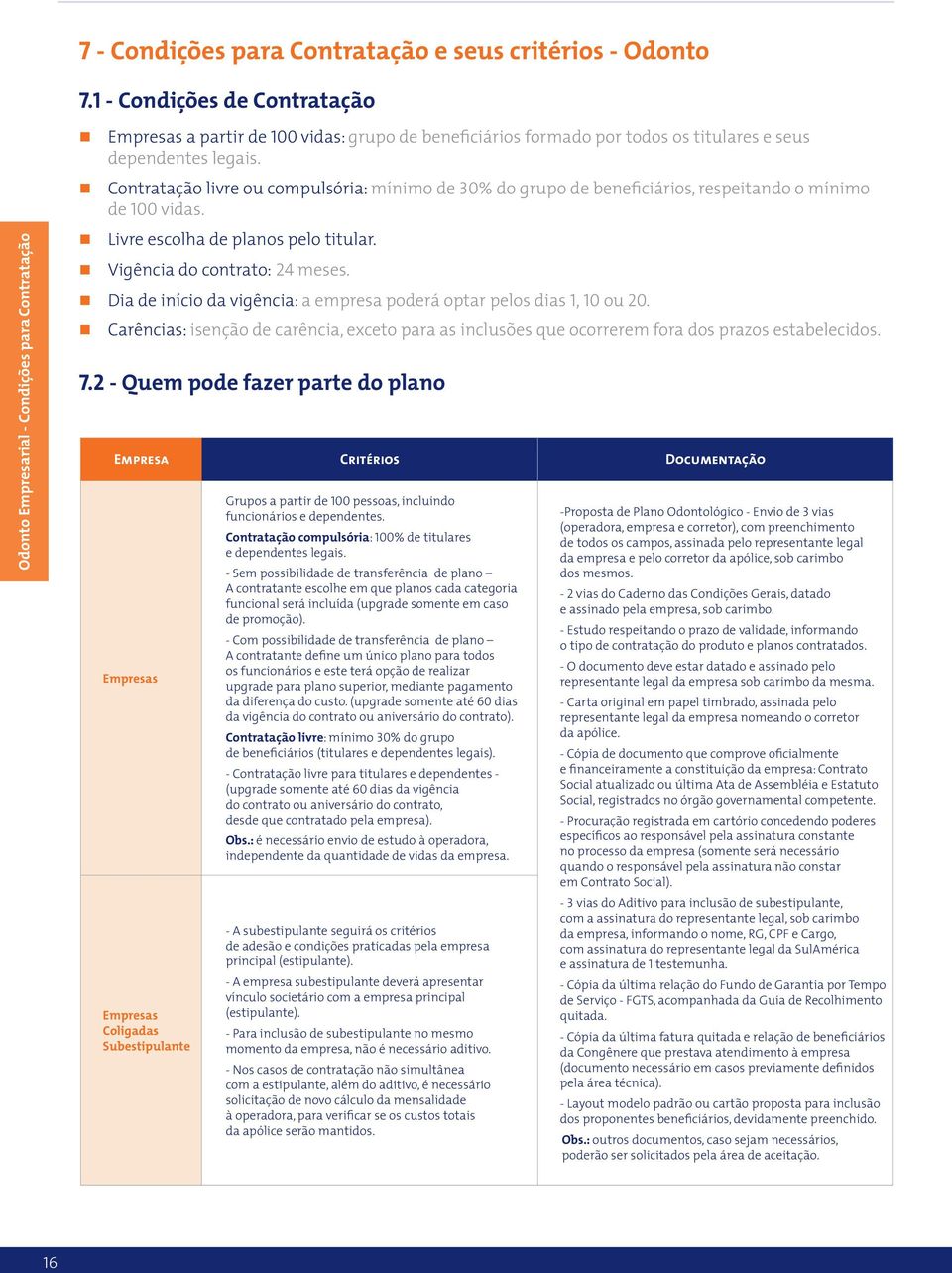 Contratação livre ou compulsória: mínimo de 30% do grupo de beneficiários, respeitando o mínimo de 100 vidas. Livre escolha de planos pelo titular. Vigência do contrato: 24 meses.