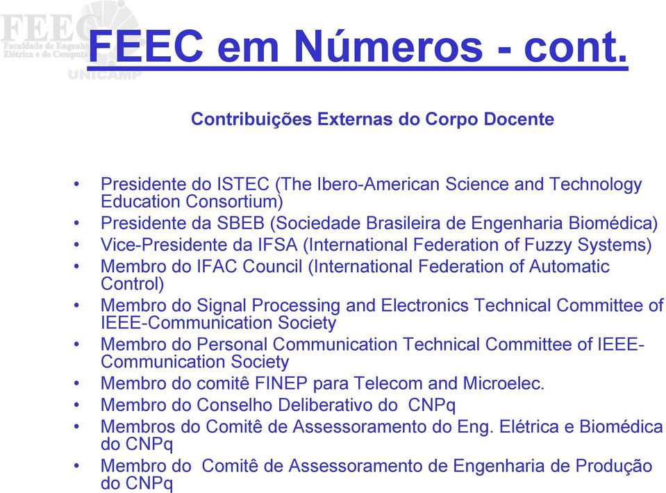 Vice-Presidente da IFSA (International Federation of Fuzzy Systems) Membro do IFAC Council (International Federation of Automatic Control) Membro do Signal Processing and Electronics