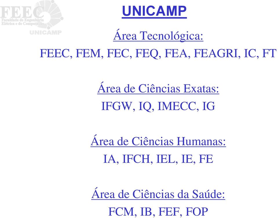 IQ, IMECC, IG Área de Ciências Humanas: IA, IFCH,