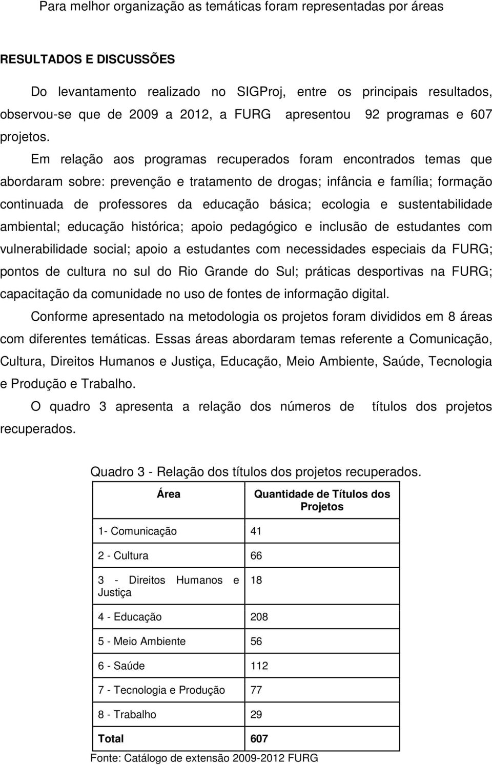 Em relação aos programas recuperados foram encontrados temas que abordaram sobre: prevenção e tratamento de drogas; infância e família; formação continuada de professores da educação básica; ecologia