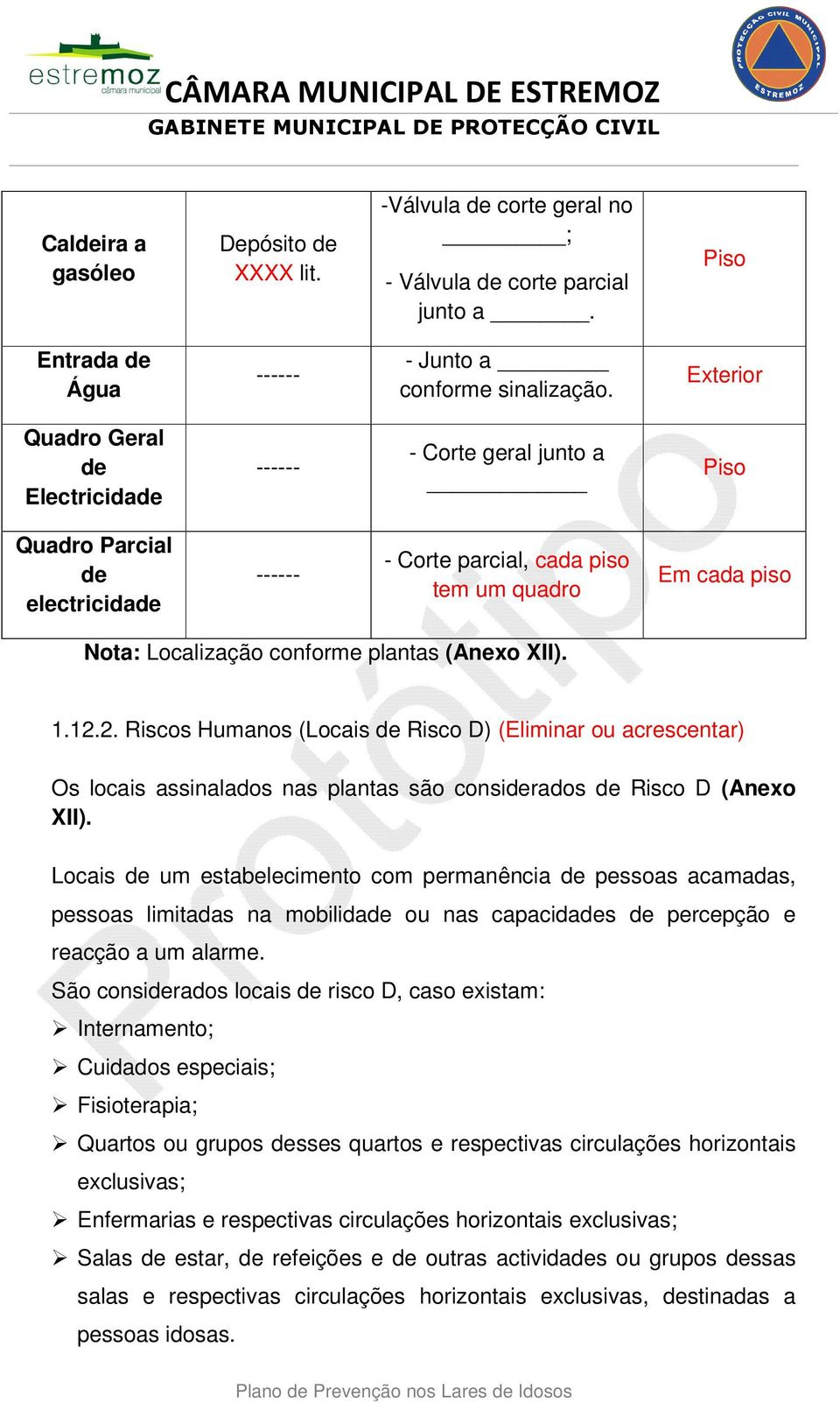 plantas (Anexo XII). 1.12.2. Riscos Humanos (Locais de Risco D) (Eliminar ou acrescentar) Os locais assinalados nas plantas são considerados de Risco D (Anexo XII).