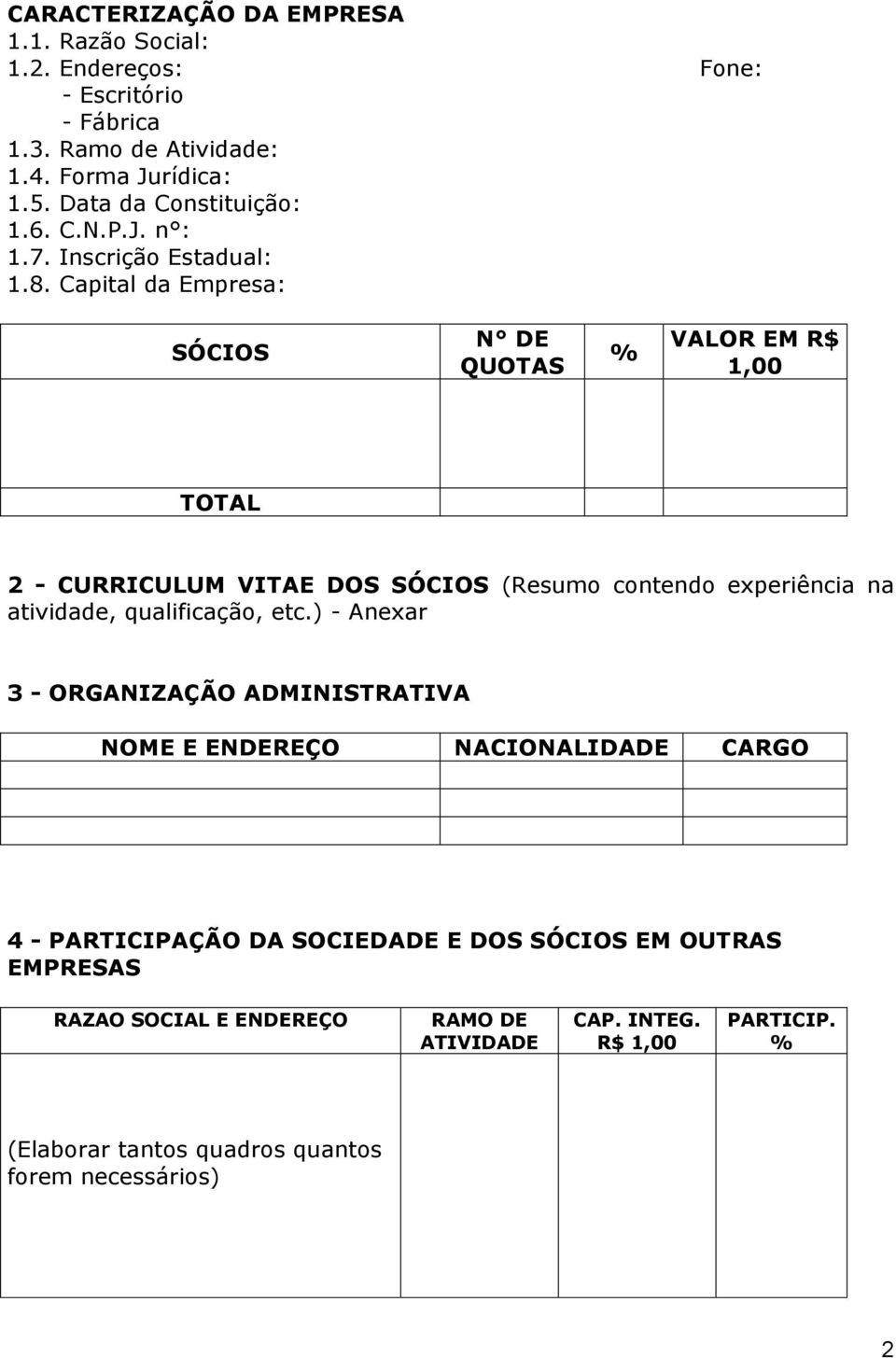 Capital da Empresa: SÓCIOS N DE QUOTAS % VALOR EM R$ 1,00 TOTAL 2 - CURRICULUM VITAE DOS SÓCIOS (Resumo contendo experiência na atividade, qualificação, etc.