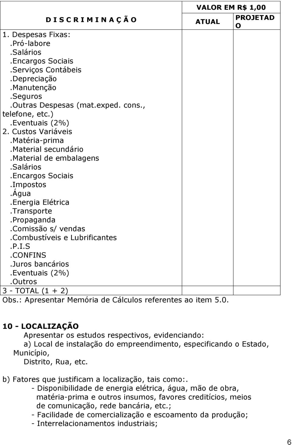 Comissão s/ vendas.combustíveis e Lubrificantes.P.I.S.CONFINS.Juros bancários.eventuais (2%).Outros 3 - TOTAL (1 + 2) Obs.: Apresentar Memória de Cálculos referentes ao item 5.0.