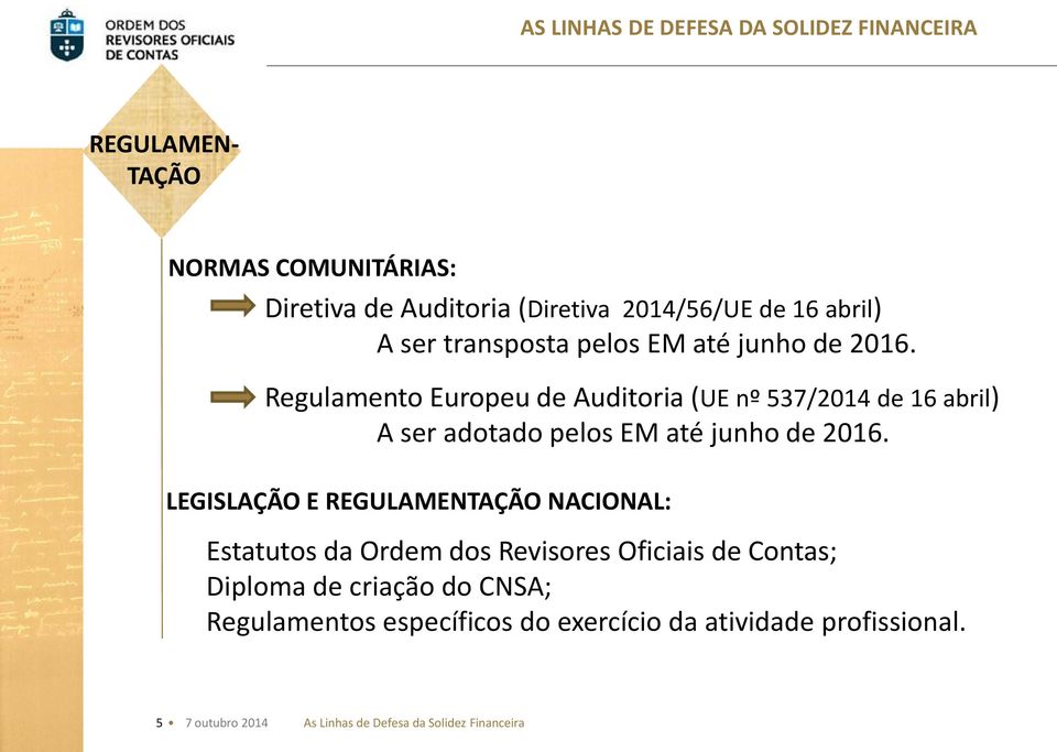 LEGISLAÇÃO E REGULAMENTAÇÃO NACIONAL: Estatutos da Ordem dos Revisores Oficiais de Contas; Diploma de criação do CNSA;