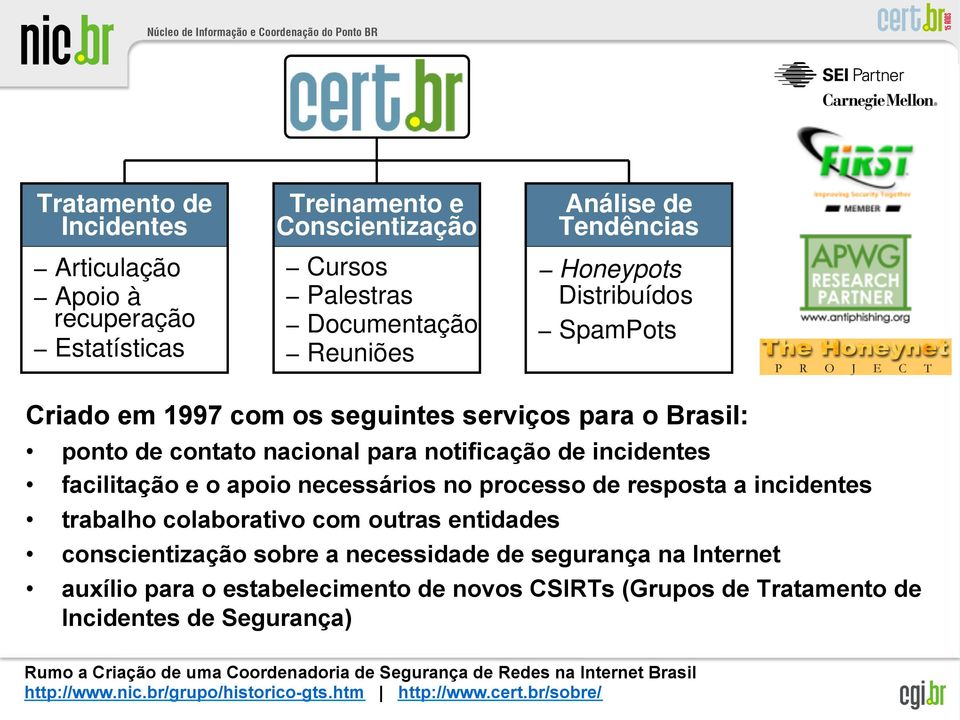 de resposta a incidentes trabalho colaborativo com outras entidades conscientização sobre a necessidade de segurança na Internet auxílio para o estabelecimento de novos CSIRTs