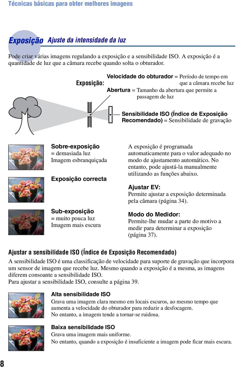 Velocidade do obturador = Período de tempo em Exposição: que a câmara recebe luz Abertura = Tamanho da abertura que permite a passagem de luz Sensibilidade ISO (Índice de Exposição Recomendado) =