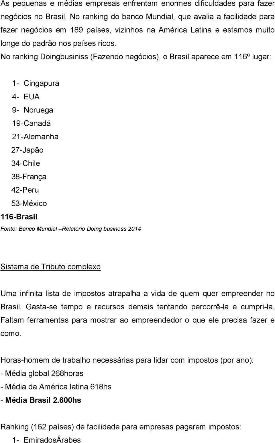 No ranking Doingbusiniss (Fazendo negócios), o Brasil aparece em 116º lugar: 1- Cingapura 4- EUA 9- Noruega 19- Canadá 21- Alemanha 27-Japão 34-Chile 38-França 42-Peru 53-México 116-Brasil Fonte: