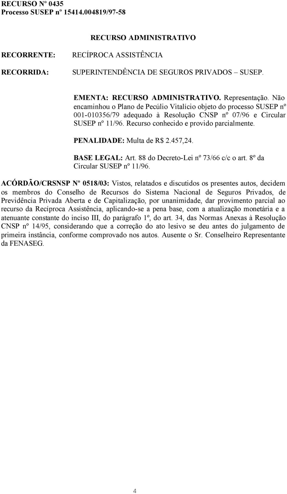 PENALIDADE: Multa de R$ 2.457,24. BASE LEGAL: Art. 88 do Decreto-Lei nº 73/66 c/c o art. 8º da Circular SUSEP nº 11/96.