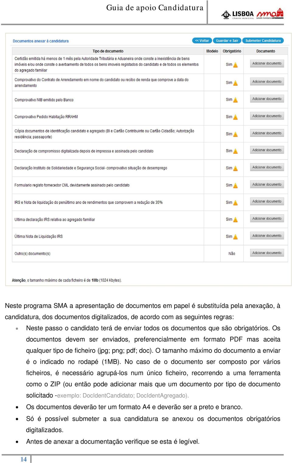 O tamanho máximo do documento a enviar é o indicado no rodapé (1MB).